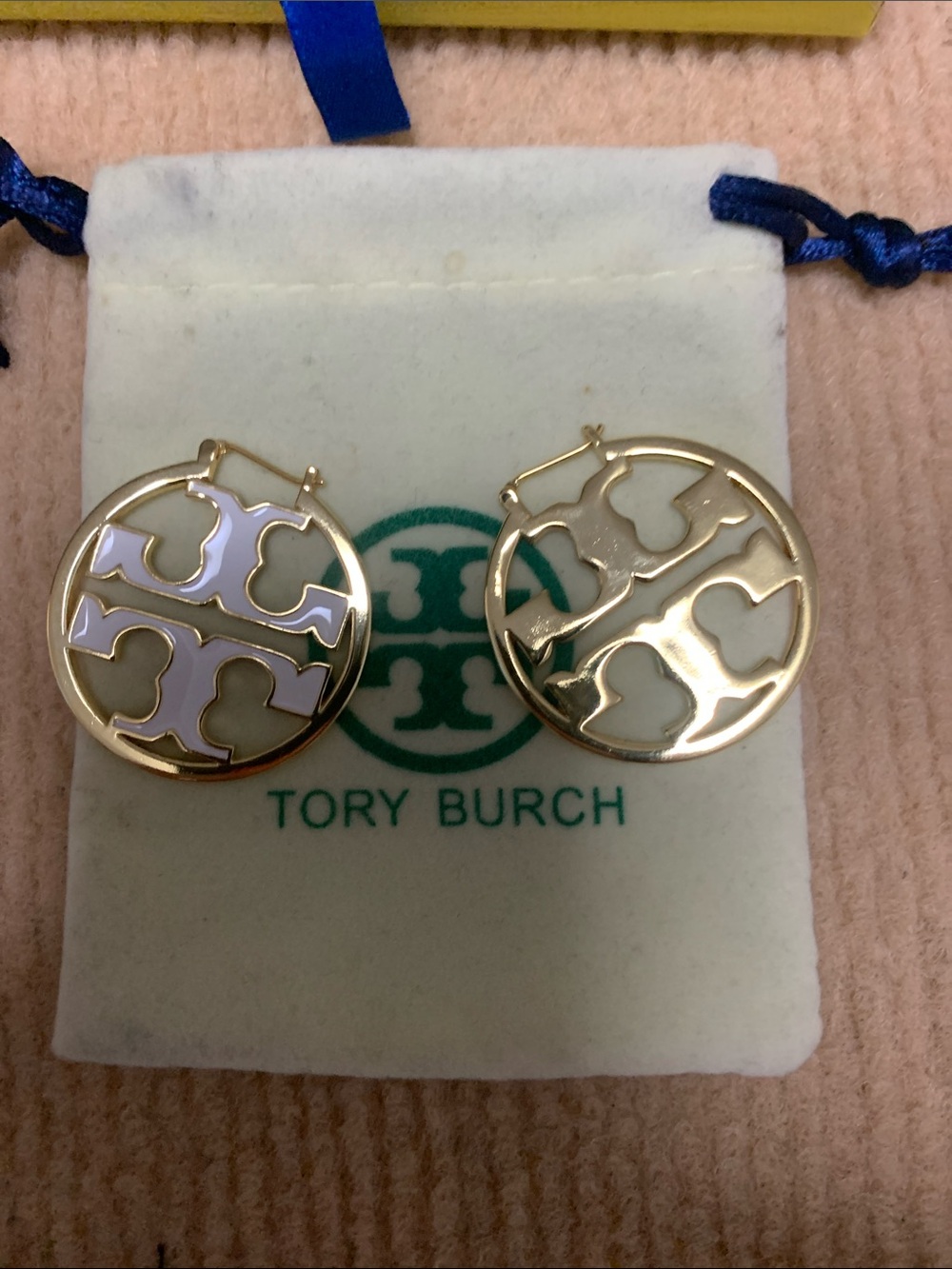 Tory Burch Gold and White Logo Hoop Earrings - Picture 5 of 5